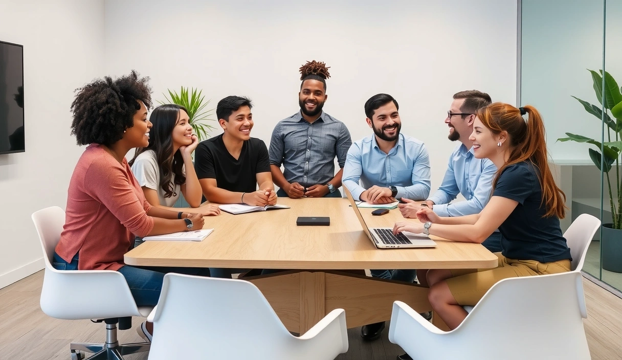 A diverse team of Adpulse employees laughing and collaborating around a table.
