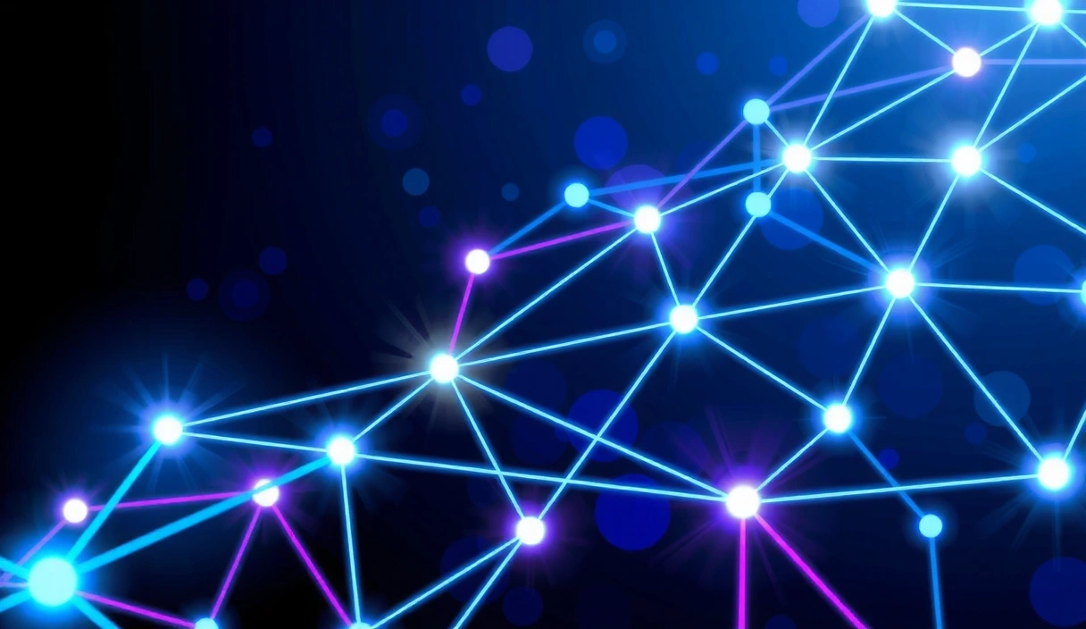 Abstract illustration of interconnected digital data points representing collaboration and innovation.