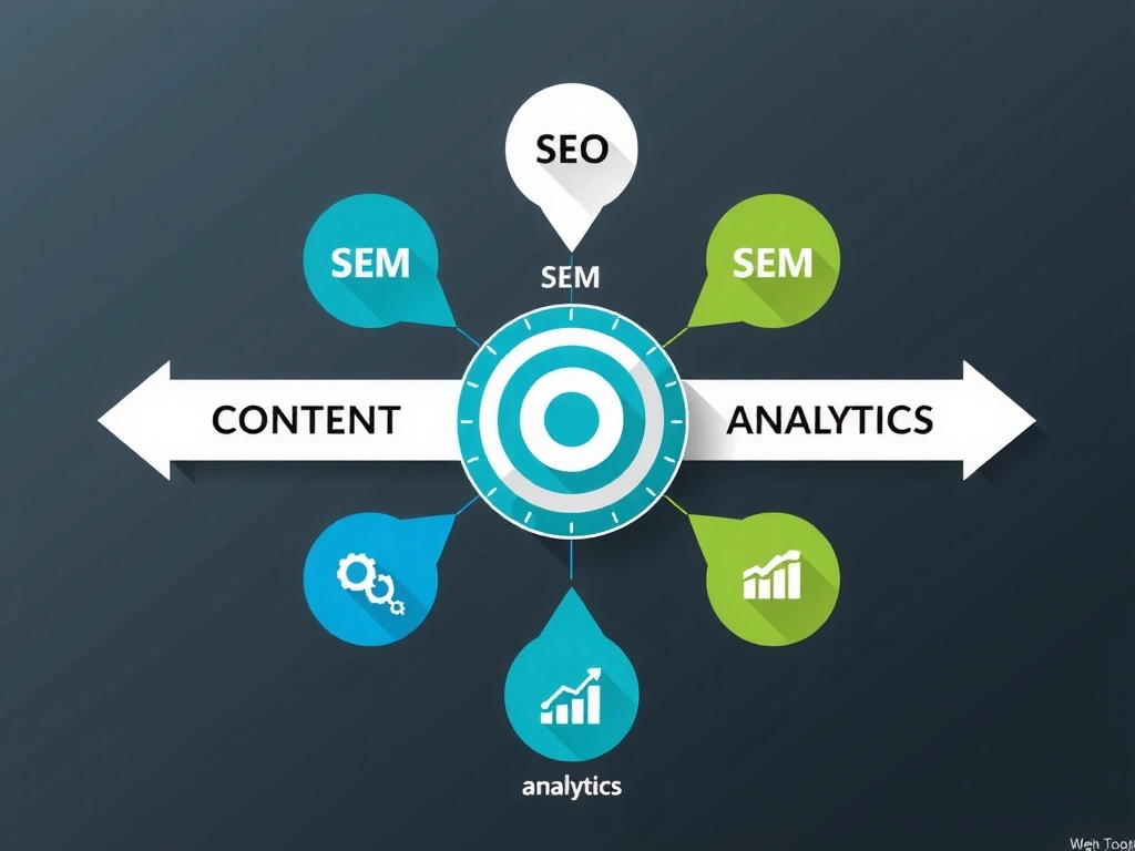 Infographic showing various digital marketing channels interconnected with a central target, representing comprehensive strategy.