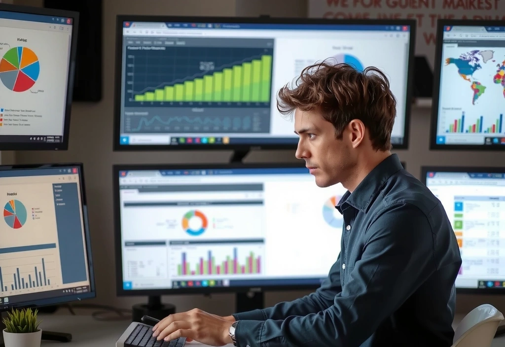 Person analyzing data on a custom dashboard with multiple screens