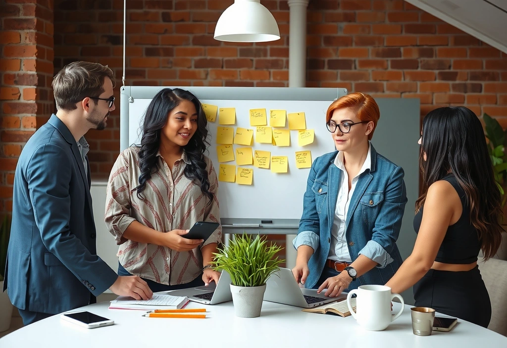 Team discussing data and goals around a whiteboard