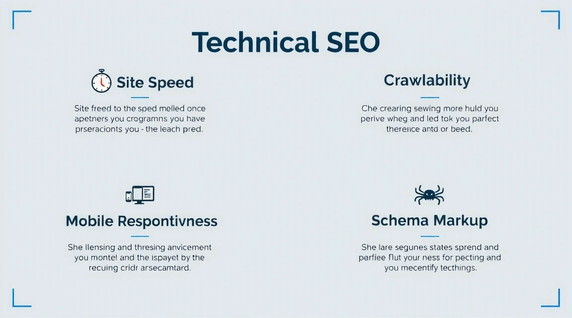 A detailed infographic illustrating the different components of technical SEO, including site speed, mobile optimization, sitemaps, and schema markup.