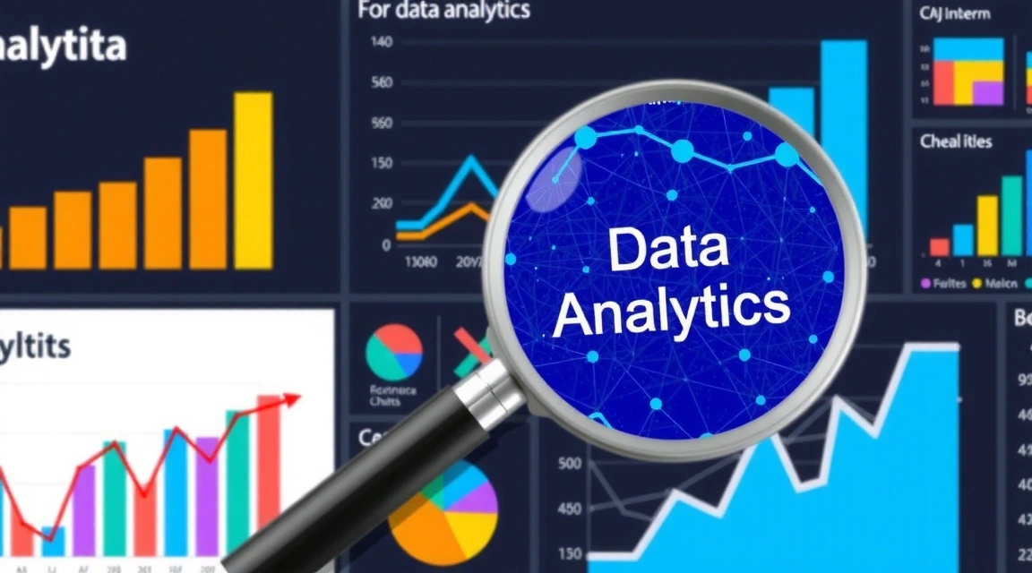 A visual representation of data analytics, with charts, graphs, and a magnifying glass over data points.