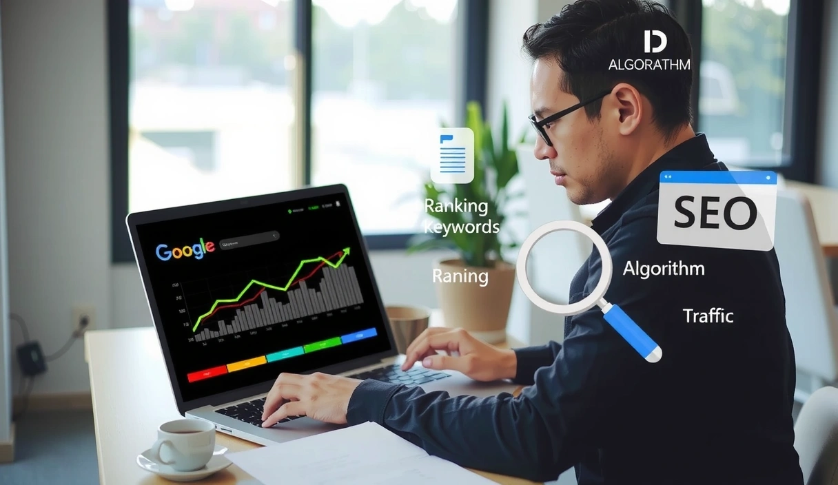 A person working on a laptop, surrounded by SEO related graphs and keywords, symbolizing digital marketing and strategy.