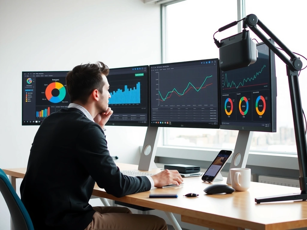 A content marketer analyzing data on multiple screens with charts and graphs