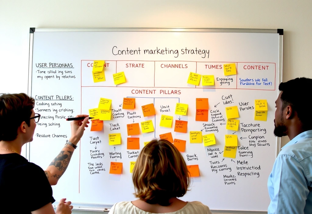 Content marketing strategy meeting with whiteboards and sticky notes
