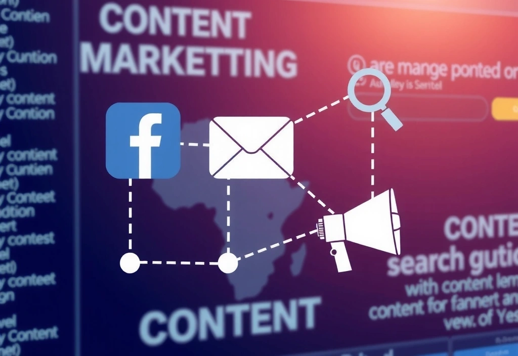 Digital marketing channels represented by interconnected icons for social media, email, and SEO