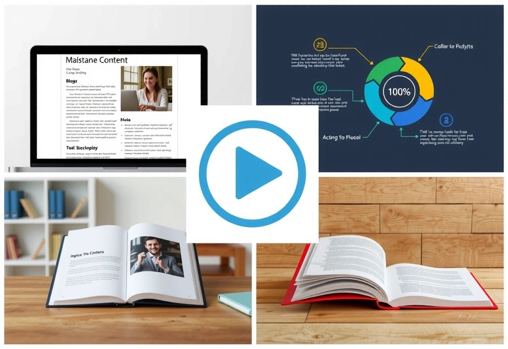 Various content types like a blog post, video thumbnail, and infographic displayed creatively