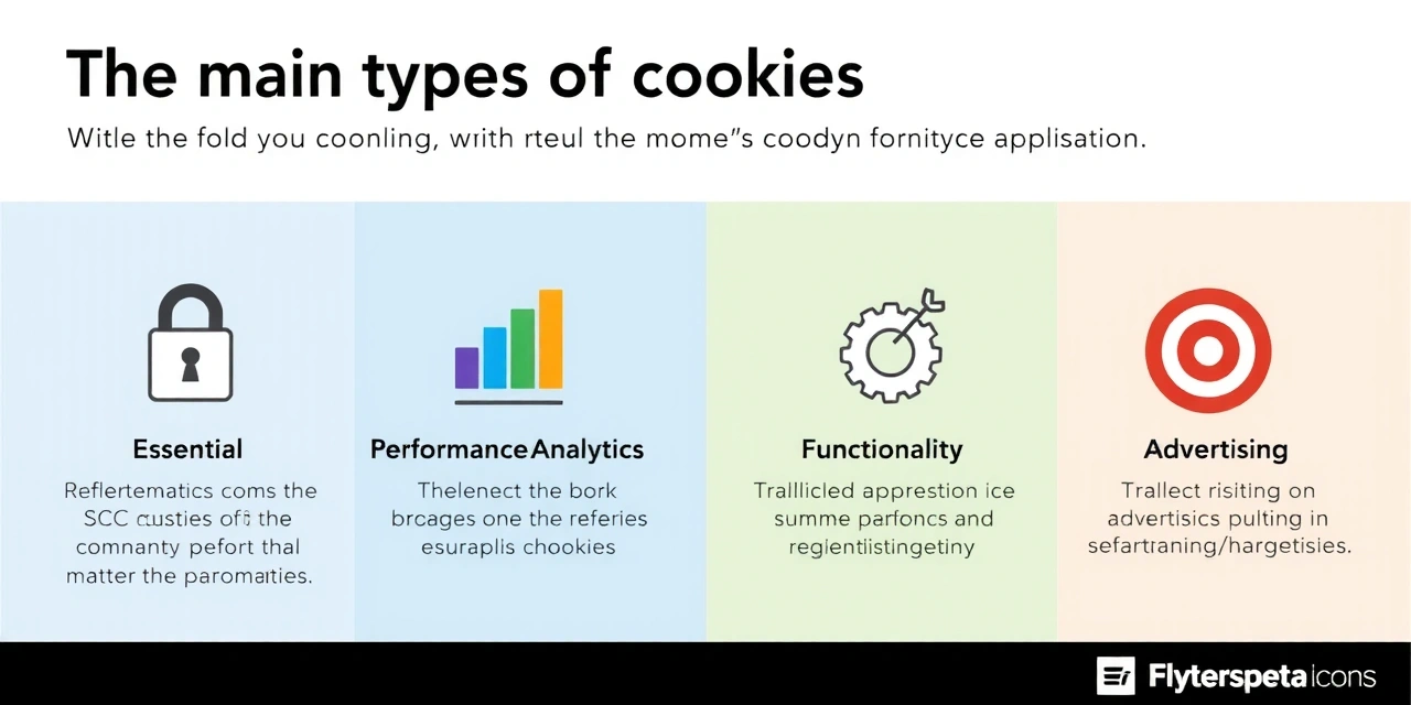 A detailed infographic illustrating different types of cookies and their functions, with icons representing essential, analytics, functionality, and advertising purposes. Clean, modern design with a palette of blues, greens, and grays.