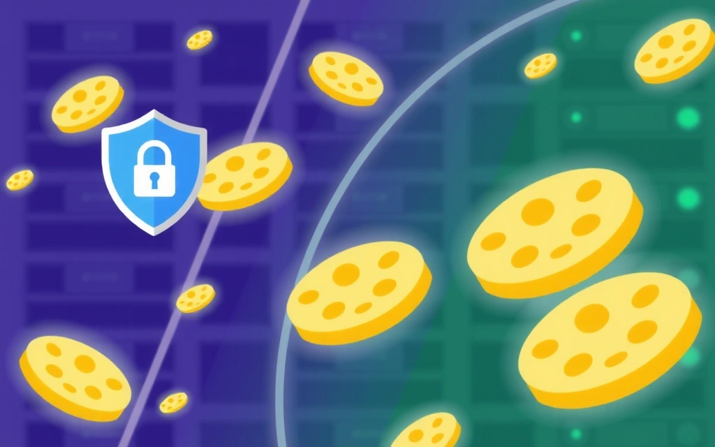 Digital cookies represented as small data packets flowing through a network, symbolizing data privacy and web technology