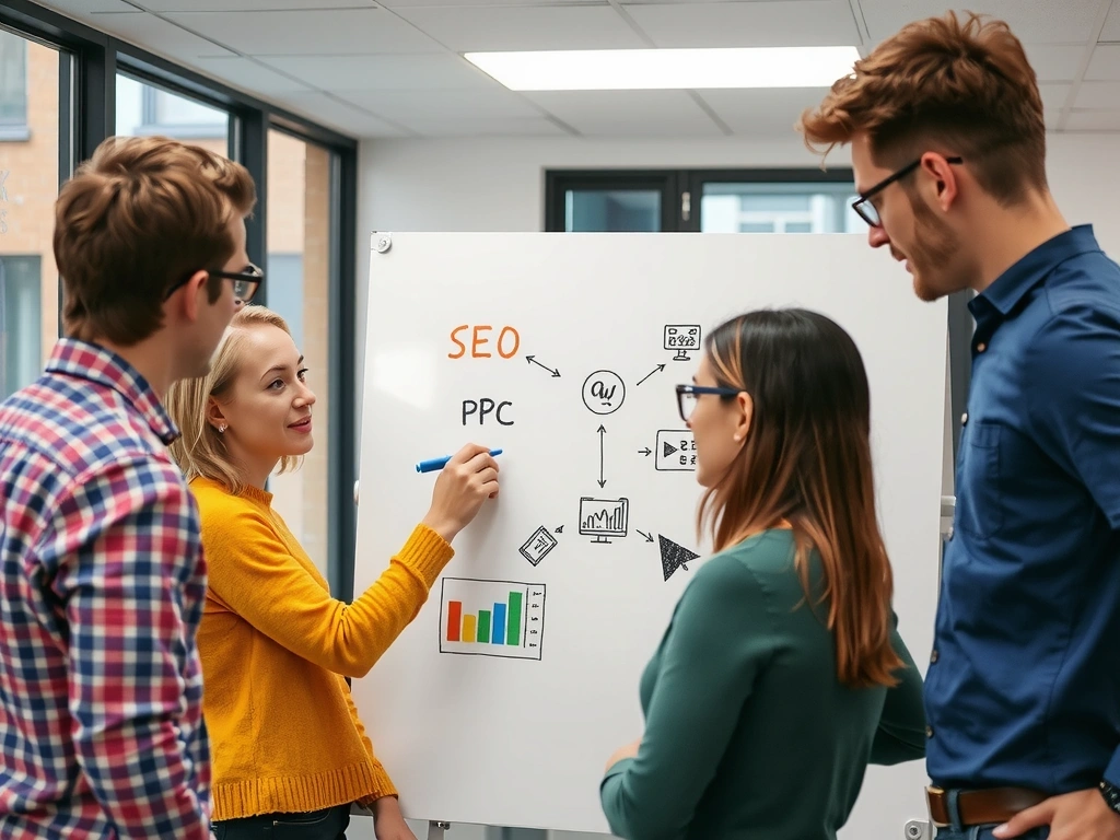 Adpulse team collaborating on a digital strategy, sketching ideas on a whiteboard with various digital marketing icons floating around