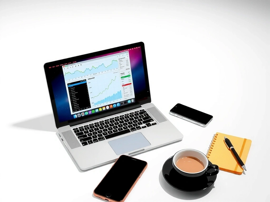 A laptop displaying a website with complex charts and graphs, alongside a smartphone, a coffee cup, and scattered notes, symbolizing a busy digital marketing workspace.