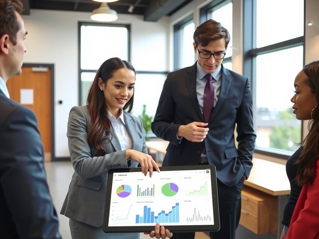 Two business professionals discussing digital marketing strategy in a modern office environment, pointing at a tablet showing analytics graphs.
