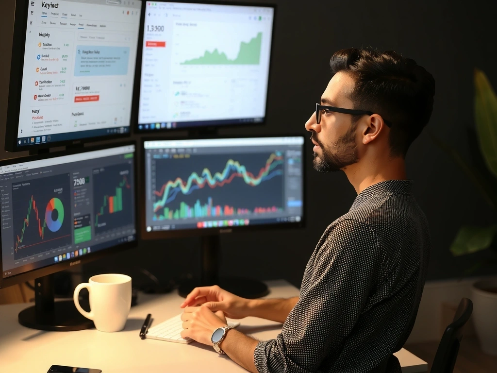 Digital marketing strategist analyzing SEM and PPC data on multiple screens