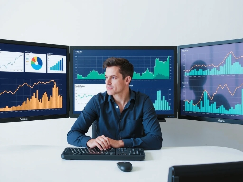 A person meticulously analyzing data on multiple screens, surrounded by charts and graphs, representing data-driven decision making.