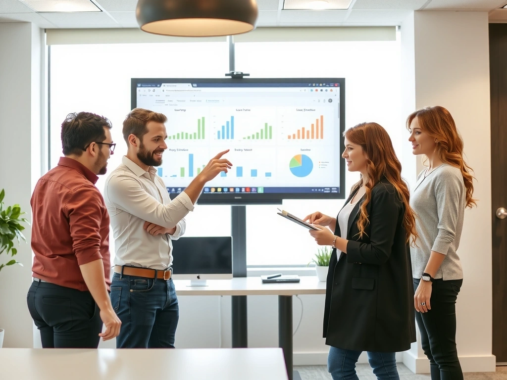 Adpulse team collaborating on a digital strategy, showing a diverse group working together creatively.