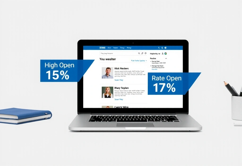 Email newsletter template showing high open rates and click-through rates.