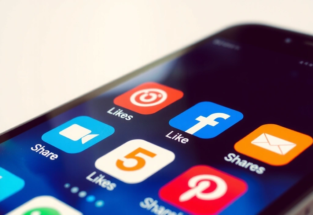 Social media icons and engagement metrics on a screen, symbolizing successful social media campaigns.