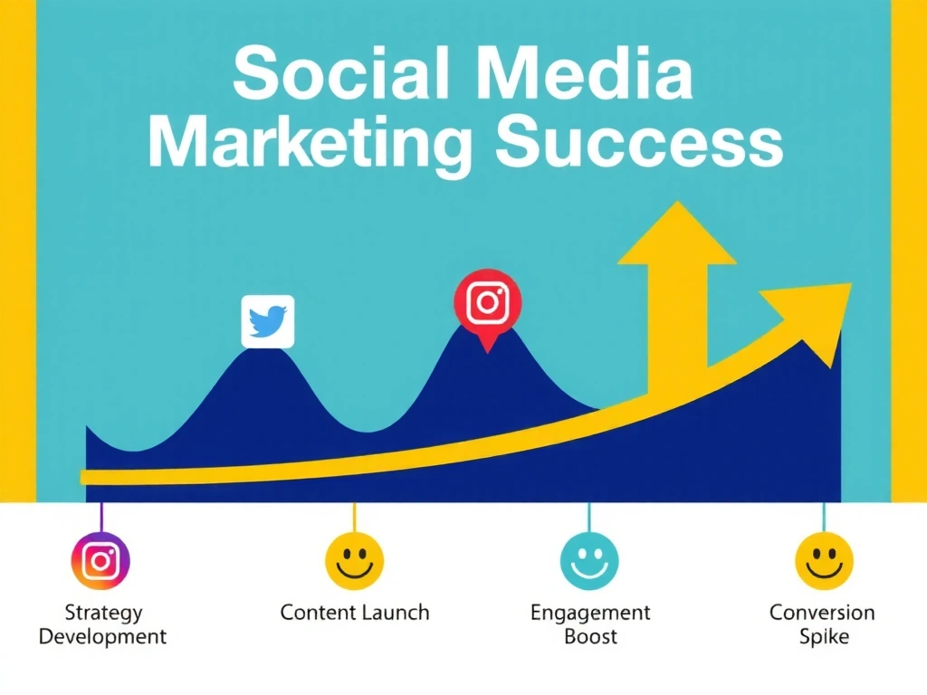A vibrant infographic showing a timeline of social media marketing success, depicting growth in followers, engagement rates, and conversion. Arrows point upwards, signifying positive trends.
