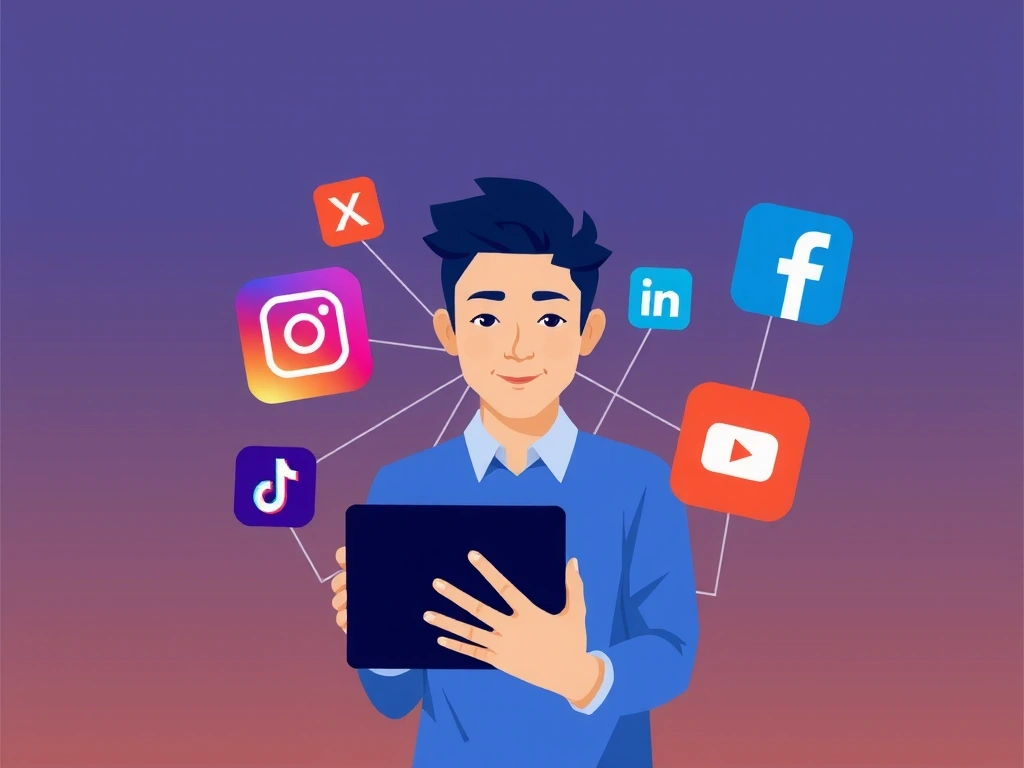 A person managing multiple social media platforms on a tablet with various social media icons floating around, representing comprehensive social media marketing.